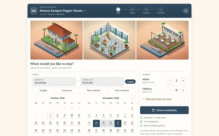 The Maison Kampot Pepper House booking page: photos, a calendar with the price of each night and a Check availability button