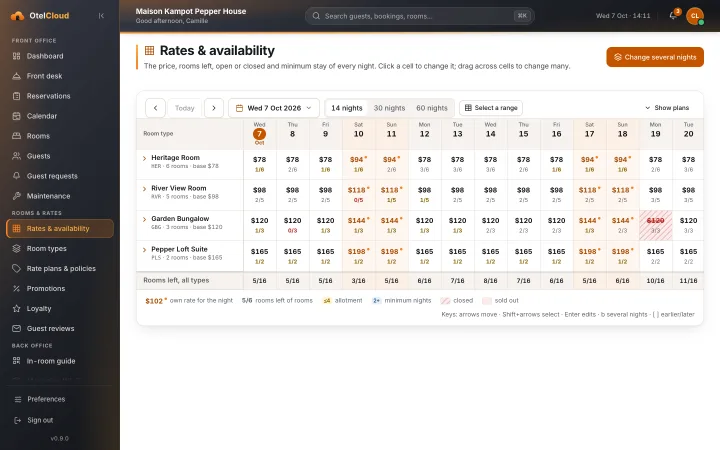 The rates and availability grid of Maison Kampot Pepper House: price and rooms left for every night