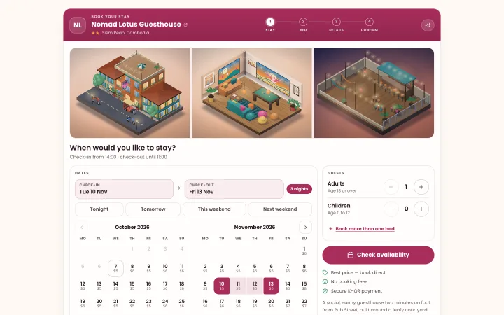 The Nomad Lotus Guesthouse booking page: photos, a calendar with the price of each night and a Check availability button