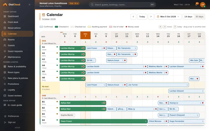 The calendar of Nomad Lotus Guesthouse: every room and stay on one chart