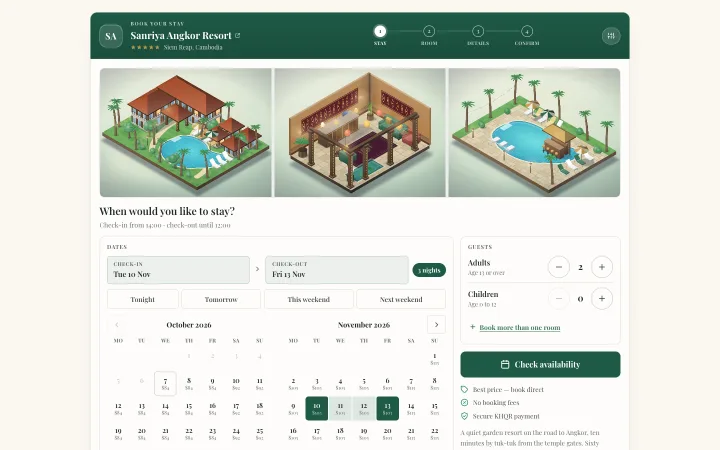 The Sanriya Angkor Resort booking page: photos, a calendar with the price of each night and a Check availability button