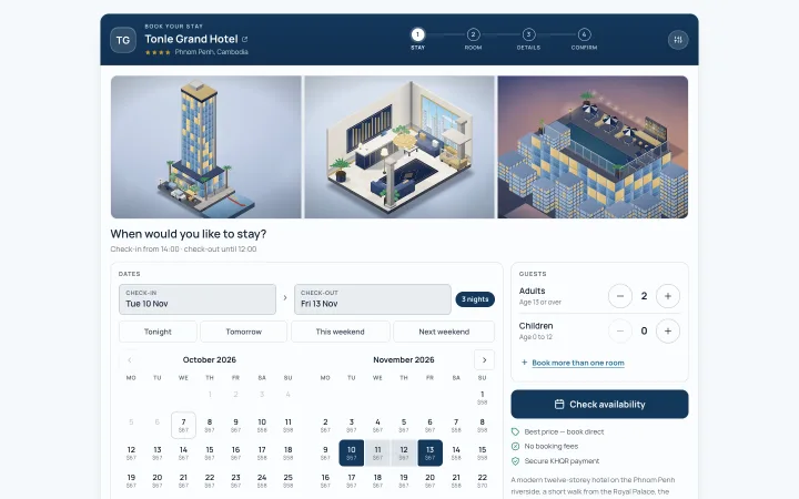 The Tonle Grand Hotel booking page: photos, a calendar with the price of each night and a Check availability button