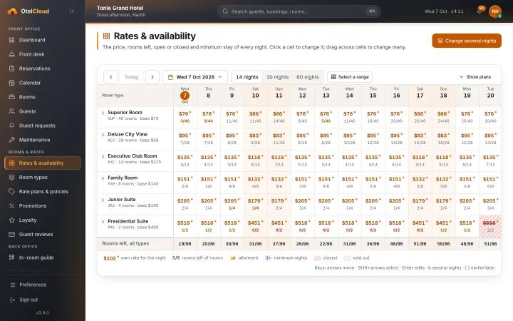 The rates and availability grid of Tonle Grand Hotel: price and rooms left for every night