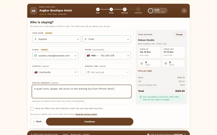 The guest details step: name, e‑mail, phone, country and special requests, with the price and the cancellation rule beside it