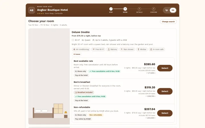 Choosing a room in the booking engine: room types with their rate plans, total price, taxes and the price in riel