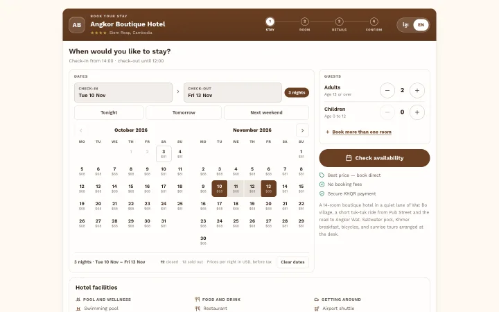 The OtelCloud booking engine on a computer: a calendar with the price of each night, guests and a Check availability button