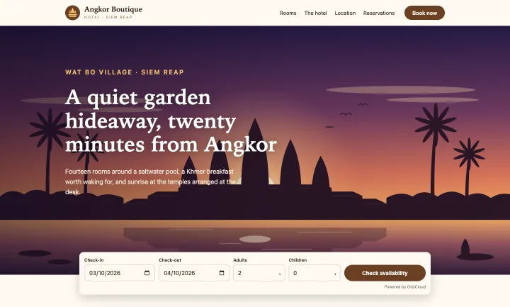 The OtelCloud search bar embedded at the foot of a sample hotel website's front page