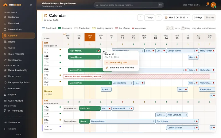 Right-clicking an empty night on the calendar: start a new booking from that night, or block the room from there