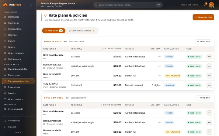 Rate plans and policies: room only, bed and breakfast and non-refundable, each with its cancellation policy