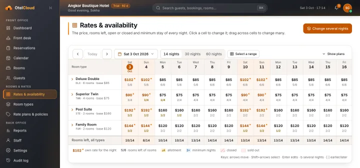 The rates grid for fourteen nights, with each night's price and rooms left