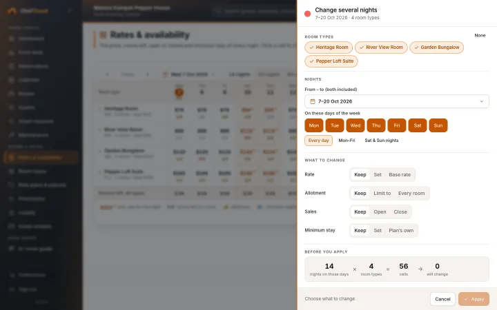 The panel for changing several nights at once: choose room types, dates and weekdays, then what to change