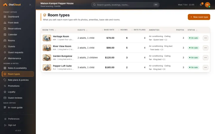 Room types with their beds, size, how many guests and how many rooms