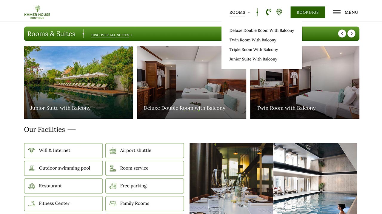 Khmer House Boutique Hotel and Resort Group's hotel website redesign.