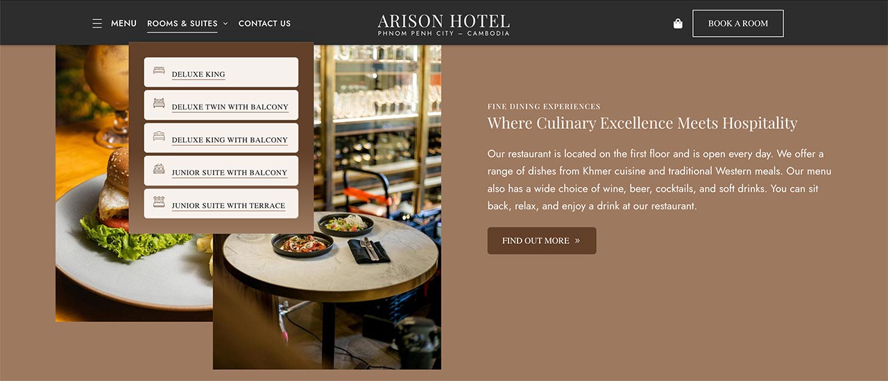 The Arison Hotel in Phnom Penh - New Hotel Website Design with Sticky Menu